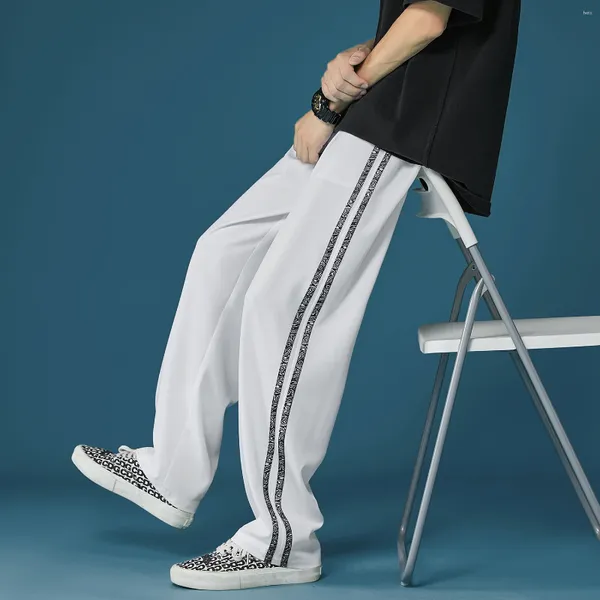 Pantaloni da uomo Pantaloni estivi da uomo con nastro intrecciato Pantaloni dritti da uomo alla moda coreana a vita media in seta ghiacciata casual