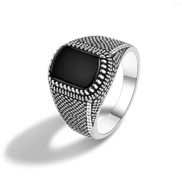 Cluster-Ringe YYSuniee 925 Sterling Silber Ring für Männer Vintage schwarzer Onyx mit graviertem Design Eleganter feiner Schmuck Geschenk