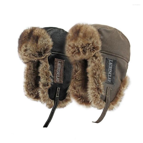 Berets Winter Männer Earflap Hut Bomber Caps Künstliche Leder Dicke Plüsch 54-60 cm Retro Pilot Stil Outdoor Warm halten 2023 YF0201