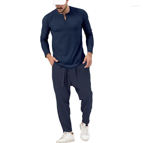 Tute da uomo 2023 Cross Border Stagione primaverile e autunnale Retro spessa camicia Henry Pantaloni a maniche lunghe Due pezzi Set sportivo in tinta unita