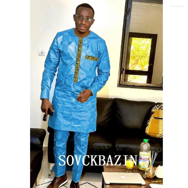 Этническая одежда Bazin Riche, африканский мужской костюм Дашик, повседневный комплект из 2 предметов, рубашка и брюки, модный спортивный стиль, оригинальный нигерийский наряд