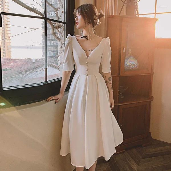 Roupas étnicas Branco Vestido de Noite Feminino Banquete Temperamento Vestidos de Festa V-Neck Prom 2023 Estilo Francês Festa de Aniversário