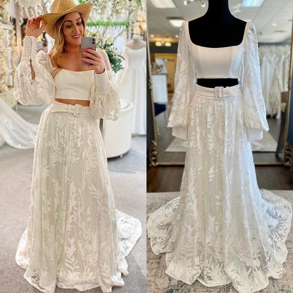 Abito da sposa Boho corto in 2 pezzi 2024 Maniche vittoriane Crepe in pizzo Cerimonia nuziale bohémien Prova generale Ricevimento Festa di fidanzamento Abito da ballo notturno Due pezzi