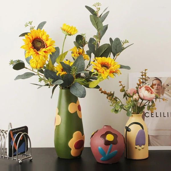 Vasen Handgefertigte künstlerische Keramikvase für Wohnzimmerdekoration mit farbenfroher Malerei und üppigen Farben