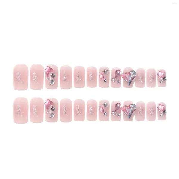 Unhas Falsas Luz Rosa Press-on Prego Para Meninas Strass Decoração Dicas Quadradas Vida Diária Artificial Uso Diário