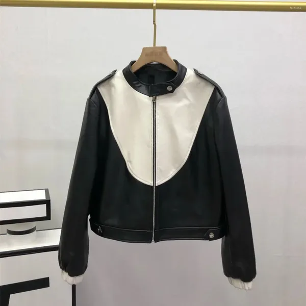 Couro feminino 2023 genuíno casaco de pele carneiro moda branco preto emenda jaqueta real primavera outono outerwear streetwear