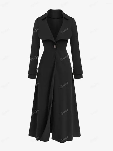 Trenchs de femmes Rosegal Plus Taille Manteau pour femmes 2023 Automne Hiver Taille haute Mince Long Outwears Noir Turn Down Col Bouton Mock