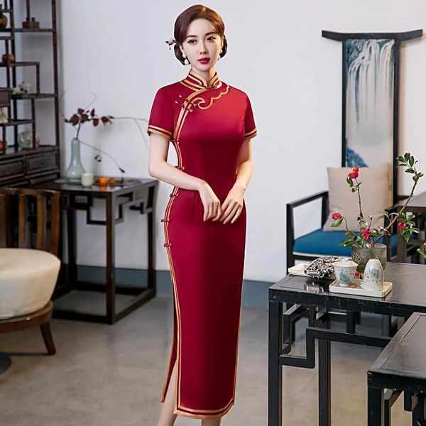 Abbigliamento etnico Tradizionale colletto alla coreana Abito da donna cinese Qipao a maniche corte in raso tinta unita stile lungo cheongsam