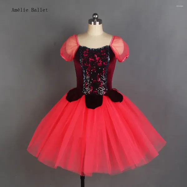 Bühnenkleidung 20121 Puffärmel rosa spanisches Kleid für Erwachsene Mädchen Lange romantische Ballett-Tutu-Performance-Tutu-Kostüme Ballerina-Kleider