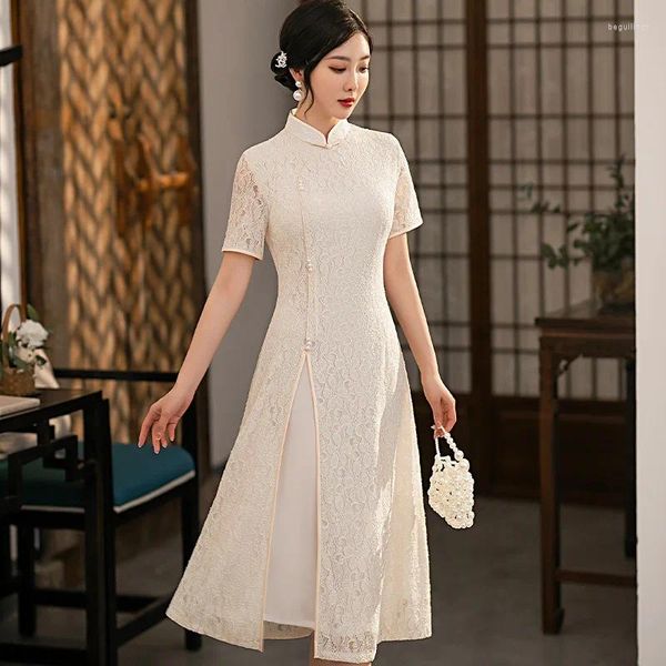 Ethnische Kleidung Chinesisches Retro-tägliches dünnes Kleid Verbesserter traditioneller Stil Aodai Cheongsam Vollrutsch-Spitze-Qipao-Kleider für Frauen Vestidos