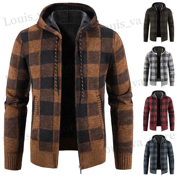 Jaquetas Masculinas Nova Jaqueta Xadrez Com Capuz Suéter Outono Inverno Coreano Blusa De Lã Grossa Lã Quente Roupas Casuais Casaco Corta-vento Frio T231016