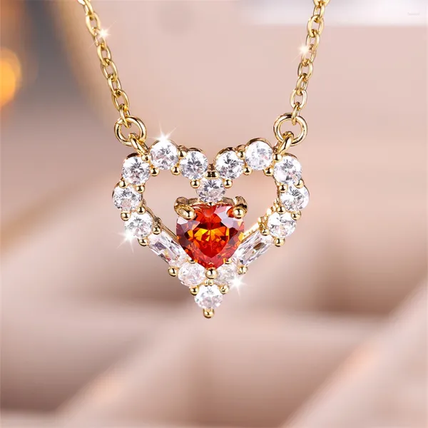 Anhänger Halsketten Weiß Zirkon Liebe Herz Halskette Orange Rot Kristall Stein Für Frauen Trendy Gold Farbe Engagement Schmuck