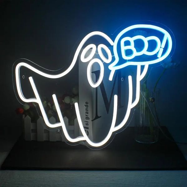 Sinal de luz de néon fantasma de 1 unidade, decoração de parede de sinal de néon LED branco azul de Halloween, luzes de entretenimento elétricas USB, sinal iluminado para quarto, sala de jogos, bar de cerveja