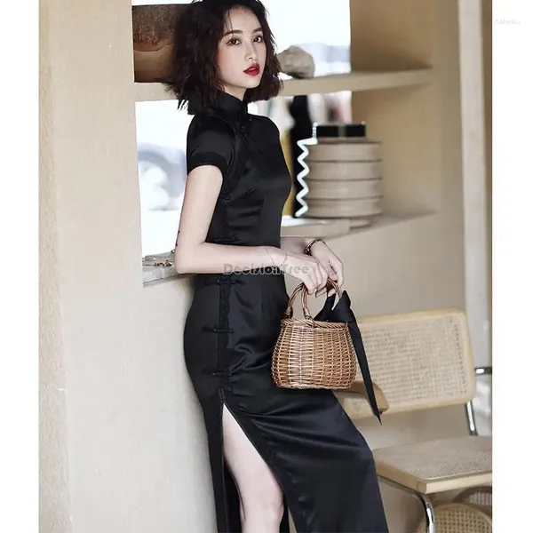 Roupas étnicas 2023 estilo chinês cheongsam retro manga curta preto longo mulheres sexy elegante emagrecimento verão diário qipao vestido s59