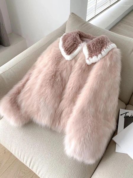 Pele feminina rosa peludo moda temperamento curto casaco 2023 estilo inverno engrossado quente imitação topo