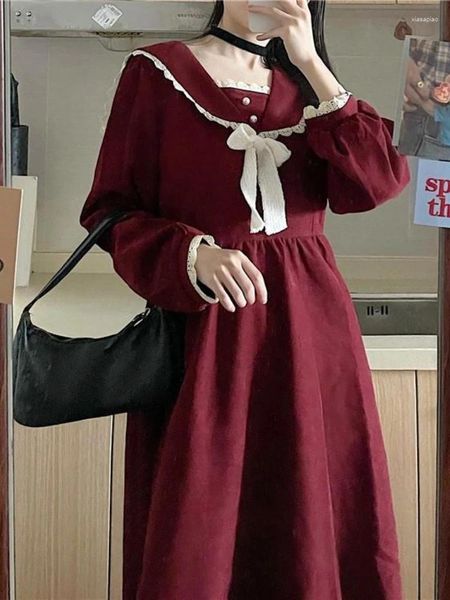 Casual Kleider QWeek Vintage Preppy Style Schule Student Kleid Rot Japanisch Harajuku Koreanisch Kpop Sailor Kragen Langarm 2023 Herbst