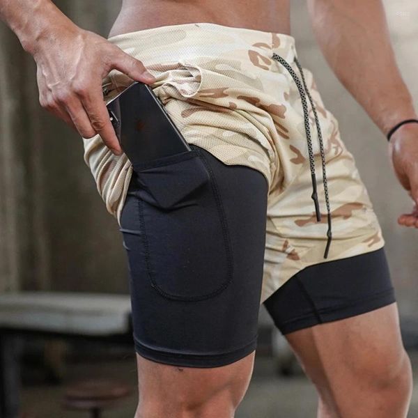 Shorts masculinos correndo de dois andares esporte roupas esportivas ginásio fitness calças curtas treinamento jogging inferior roupas sólidas