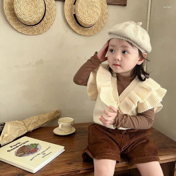 Jaquetas meninas colete cardigan jaqueta coreana gola de renda camisa de bebê roupas shorts meninas casaco