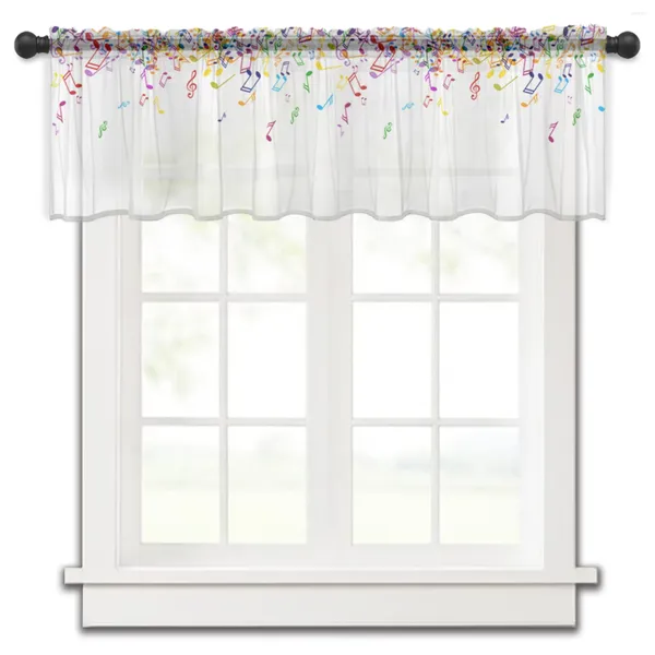 Cortina colorida música com oito notas, cortina curta transparente de tule para cozinha, quarto, decoração de casa, cortinas pequenas de voile