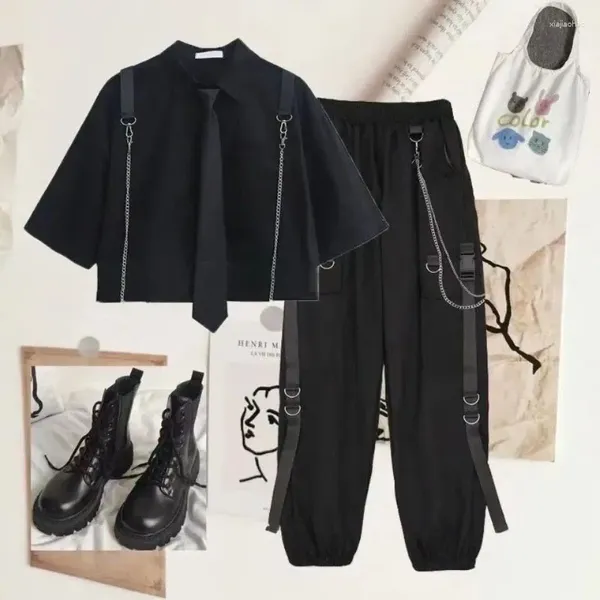 Женские брюки из двух предметов, женская одежда, наряды 2023, студенческая готическая черно-белая свободная дизайнерская рубашка-карго с цепочкой, 2 комплекта для женщин