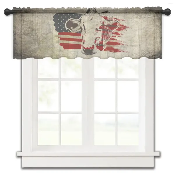 Cortina bandeira americana fazenda vacas retro curto sheer janela cortinas de tule para cozinha quarto decoração casa pequena voile cortinas