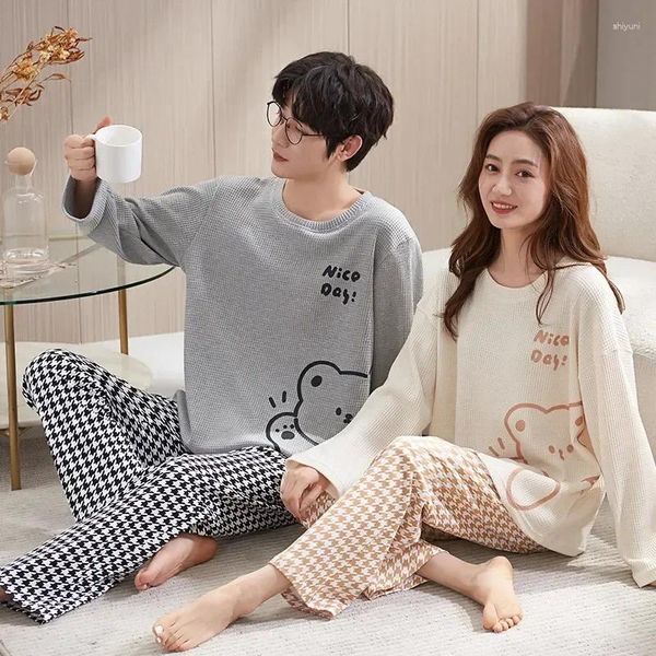 Homens sleepwear impressão nightwear conjunto homens longo 2 peça casal doce pijama pescoço algodão pijamas de inverno urso terno puro amante outono manga redonda