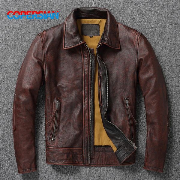 Erkek ceketler üst katman inek büyük boy deri ceket kırmızı-kahverengi Amerikan retro motosiklet tarzı renk sıkıntılı yüksek duyu ceket 231016