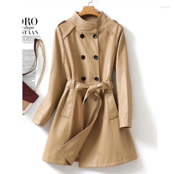 Pelle da donna M-4XL Trench da donna di media lunghezza 2023 Autunno Inverno Chic Doppiopetto Cintura con lacci Signore Capispalla in pelle di pecora