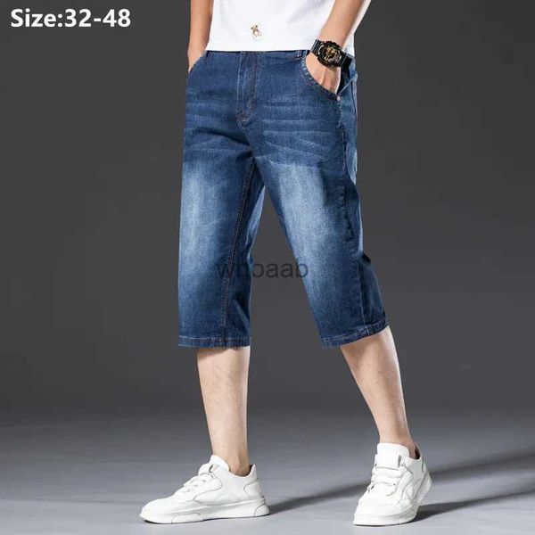 Jeans masculinos homens longos shorts jeans verão calças cortadas na altura do joelho plus size 48 46 44 42 fino oversized ajuste grande azul médio jeans yq231106