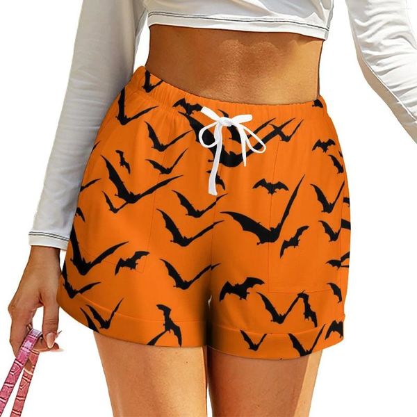 Shorts femininos preto bat halloween estampa kawaii primavera padrão calças curtas com bolsos calças casuais 2xl 3xl