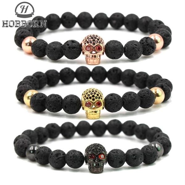 HOBBORN Trendy Bracciale in pietra lavica naturale Donna Uomo Hip Hop Oro rosa Argento Colore Fascino CZ Braccialetti con teschio Pulsera Hombre2133