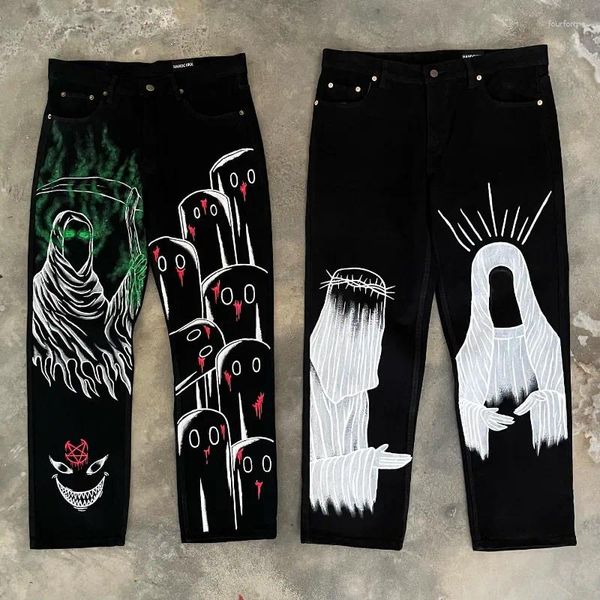 Herren Jeans Y2K Harajuku Kleidung Vintage Print Hip Hop Trend American Black Männer Frauen Straße 2023 Gothic Casual Baggy