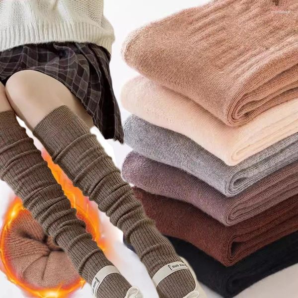 Chaussettes longues en cachemire pour femmes, couleur unie, bas de cuisse en laine, slim, décontracté, en coton, hauteur des genoux, moelleuses