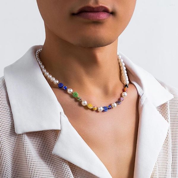 Collane con ciondolo KunJoe Boho Perline colorate con perla imitazione bianca Collana girocollo per uomo 2023 Regalo di gioielli per feste estive