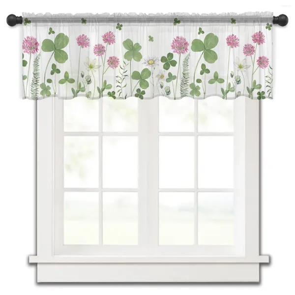 Cortina de flores de trevo do dia de São Patrício, janela pequena valência transparente quarto curto decoração de casa cortinas de voile