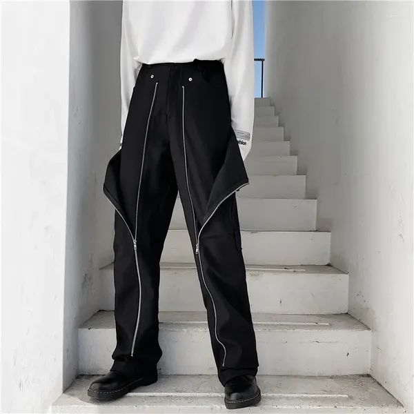 Herrenhose, gerade, Reißverschluss-Design, modisch, schmal, mittlere Taille, Freizeithose, schick, Schwarz und Weiß, Bühnenauftritt