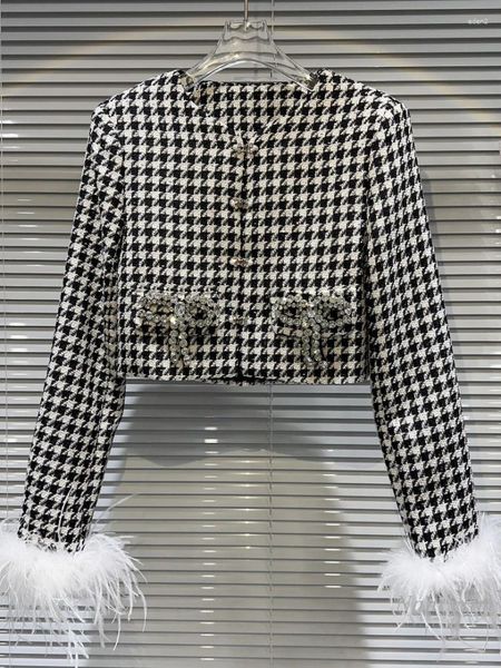 Kadın Ceketleri 2023 Sonbahar Klasik Stil Yüksek Kürk Körlük Rhinestone Yay Houndstooth Tweed Ceket Kadınlar Şık