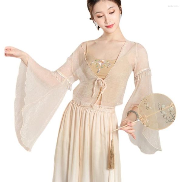 Freizeitkleider Tanzkleid Damen Gaze Kleidung Perle Elegantes Top Kostüm Chinesischer klassischer Tanz Fee Übungskleidung Lied