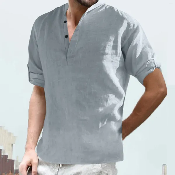 T-shirt da uomo T-shirt casual tinta unita top camicette con colletto alla coreana T-shirt lunga con maniche arrotolate