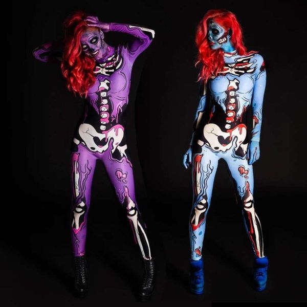 Halloween esqueleto humano feminino bodysuit aterrorizar crânio impresso outfit halloween feminino maquiagem bola carnaval festa cosplay feminino