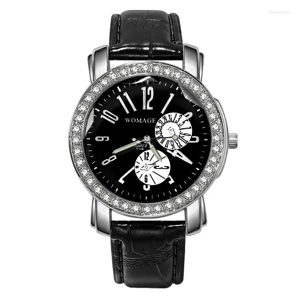 Relógios de pulso Womage moda casual senhoras relógios cristal mulheres pulseira de couro quartzo relógio de pulso preto horloge dames horloges vrouwen