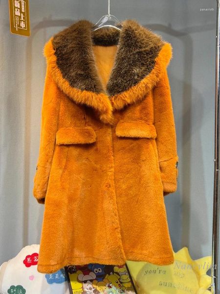 Pele feminina 2023 inverno europeu falso vison casaco de comprimento médio gola proteção ambiental casaco rua quente