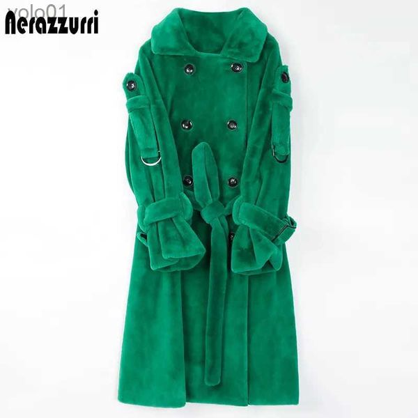 Pele feminina pele sintética nerazzurri longo quente grosso macio fofo casaco de pele sintética para mulheres 2022 duplo breasted rosa branco verde inverno moda cintol231016