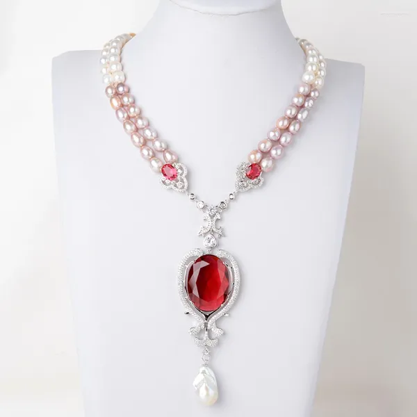Catene 19'' 2 fili coltivati bianco/rosa/viola perla collana con pendente Keshi in cristallo rosso