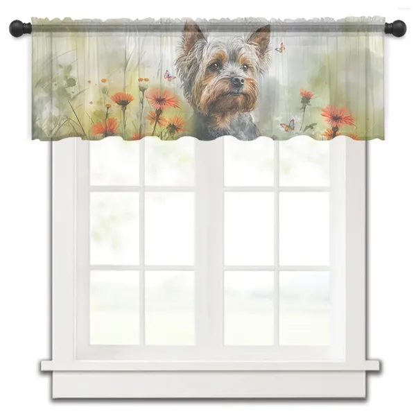 Vorhang mit Aquarell-Blumen-Motiv, Hund, Schmetterling, kleines Fenster, Volant, durchsichtig, kurzes Schlafzimmer, Heimdekoration, Voile-Vorhänge