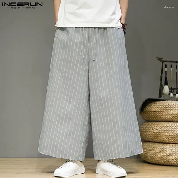 Calças masculinas homens listrado cordão corredores solto streetwear bolsos calças largas perna 2023 vintage casual masculino S-5XL incerun