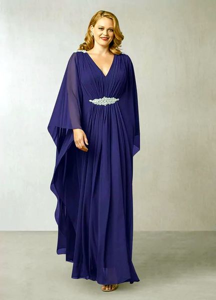 Abiti per la madre della sposa in chiffon blu navy maniche a pipistrello scollo a V vita impero plus size abito per festa di nozze per le donne 2024 abito lungo da ballo mamma sposo