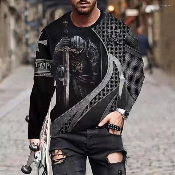 Homens camisetas Vintage T-shirt Templário Impresso Manga Longa Tops O-pescoço Algodão Homens Roupas Oversized Casual Streetwear Outono Preto Tees