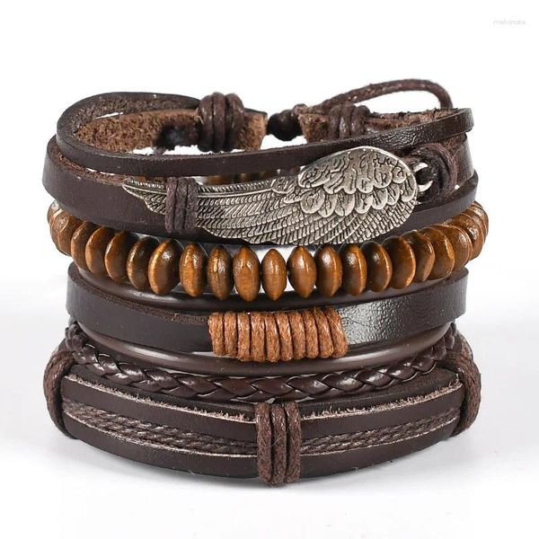 Braccialetti con ciondoli Bracciale in pelle di vacchetta di tendenza Tessuto a mano con perline multistrato in pelle da uomo Personalità della moda Gioiello con ala d'angelo