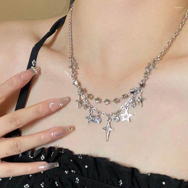 Ожерелья с подвесками в стиле Y2K, ожерелье со звездой и кисточкой для женщин, индивидуальное двухслойное колье с пентаграммой из циркона, милые аксессуары, модные ювелирные изделия